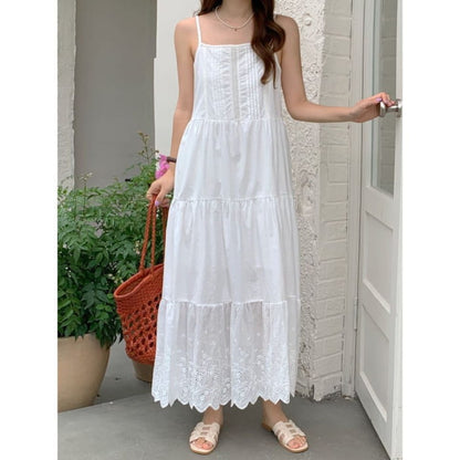 Spaghetti Strap Plain Eyelet Lace Tiered Midi A-Line Dress