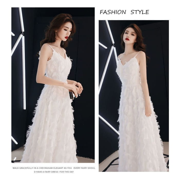 Spaghetti Strap Plain Fringed Trim A-Line Evening Dress