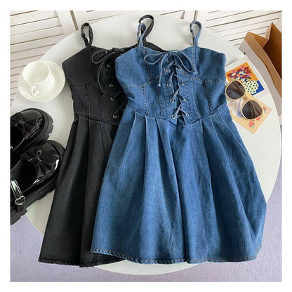 Spaghetti Strap Plain Lace-Up Denim Mini A-Line Dress