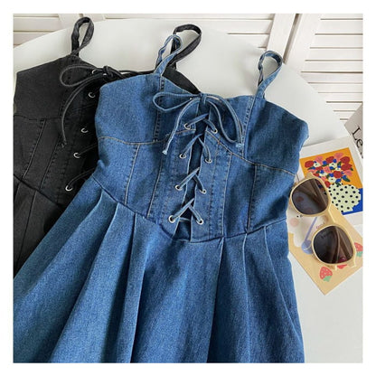 Spaghetti Strap Plain Lace-Up Denim Mini A-Line Dress