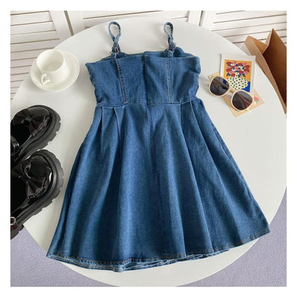 Spaghetti Strap Plain Lace-Up Denim Mini A-Line Dress