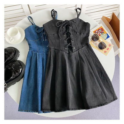 Spaghetti Strap Plain Lace-Up Denim Mini A-Line Dress