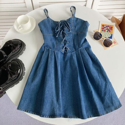 Spaghetti Strap Plain Lace-Up Denim Mini A-Line Dress