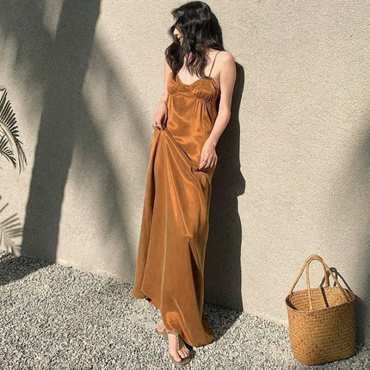 Spaghetti Strap Plain Maxi Smock Dress - Gold / S - Dresses