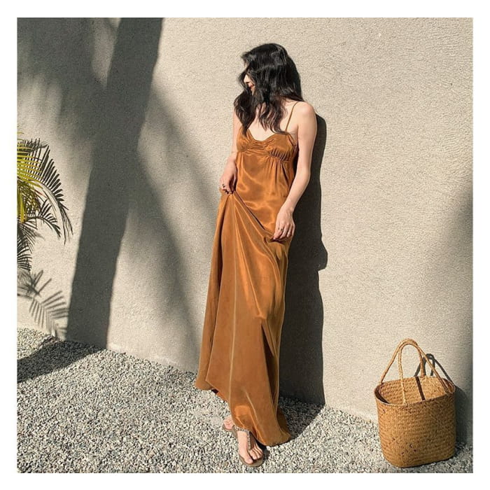 Spaghetti Strap Plain Maxi Smock Dress - Gold / S - Dresses