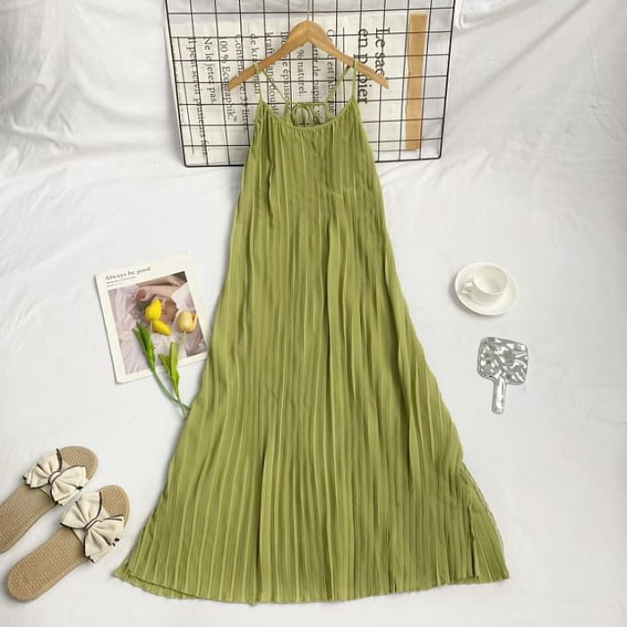 Spaghetti Strap Plain Maxi Sundress - Light Green / One Size