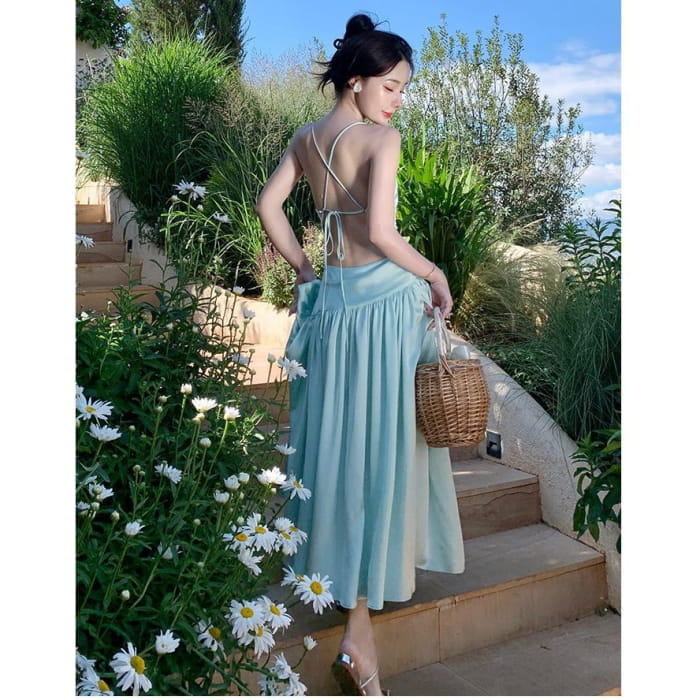 Spaghetti Strap Plain Open Back Midi A-Line Sundress