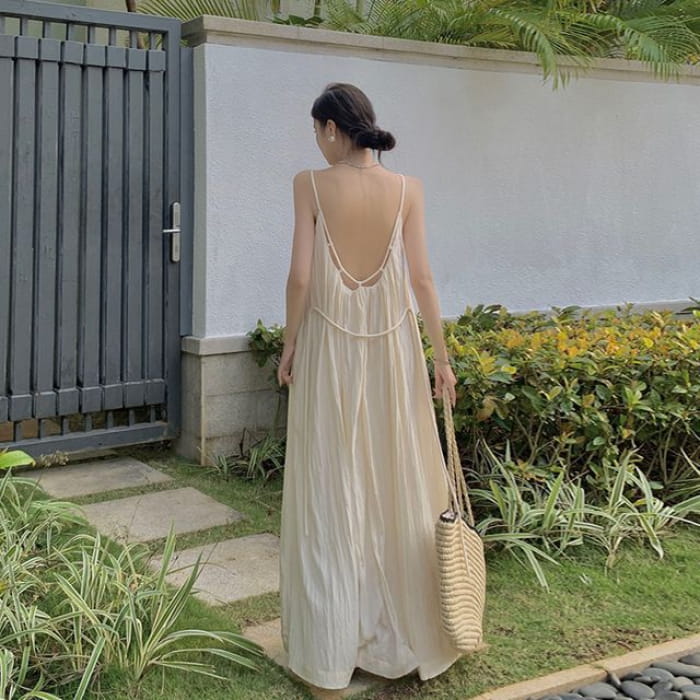 Spaghetti Strap Plain Open Back Shirred Midi Sundress