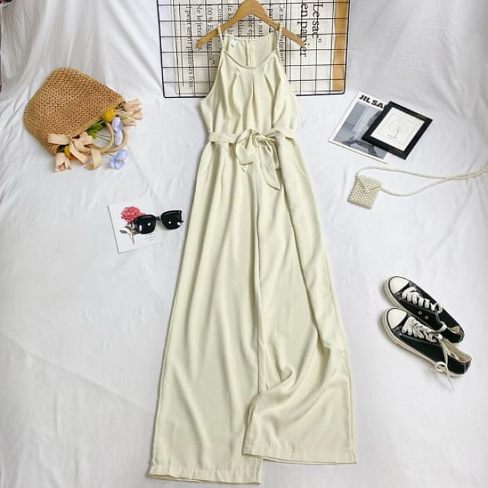 Spaghetti Strap Plain Tie-Waist Wide Leg Jumpsuit - Beige