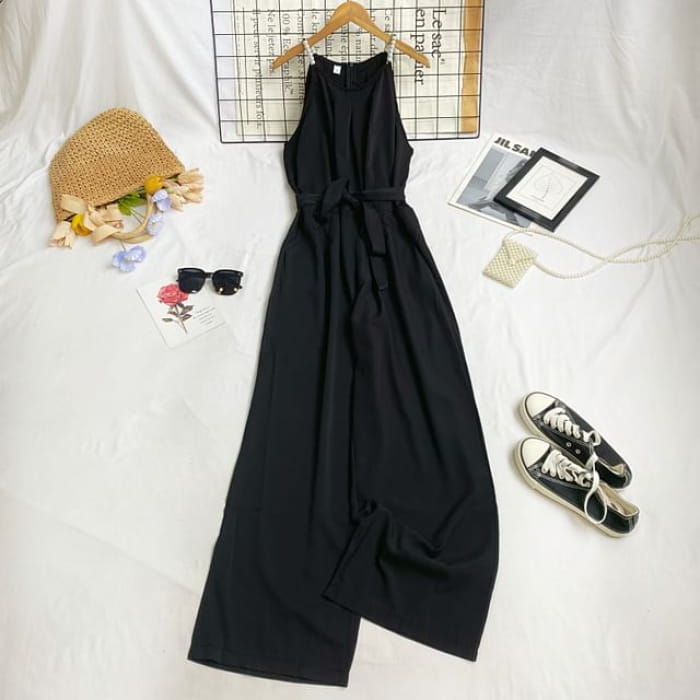 Spaghetti Strap Plain Tie-Waist Wide Leg Jumpsuit - Black