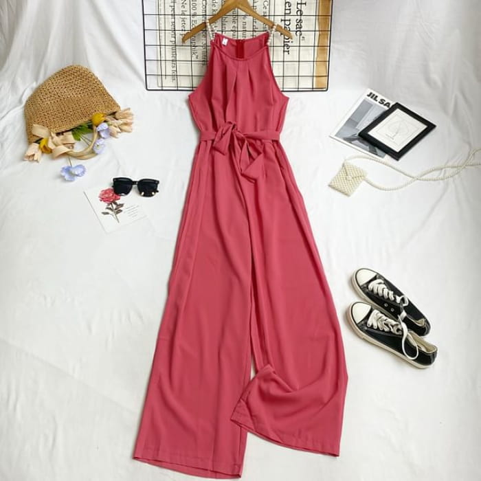 Spaghetti Strap Plain Tie-Waist Wide Leg Jumpsuit - Brick