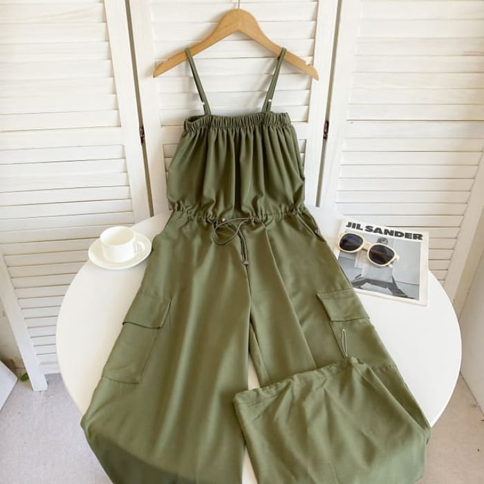 Spaghetti Strap Plain Wide Leg Jumpsuit - Army Green