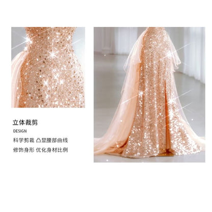 Spaghetti Strap Sequin Panel Mesh A-Line Evening Gown