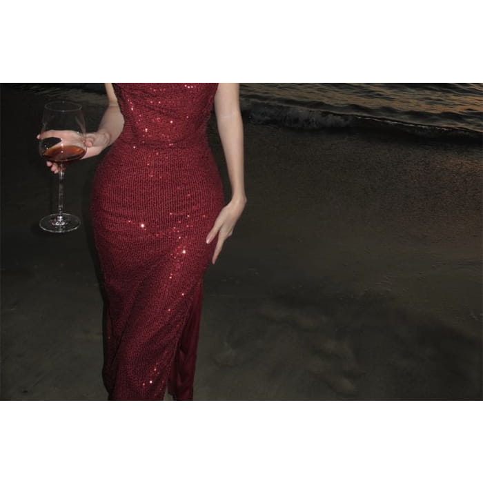 Spaghetti Strap Sequined Slit Midi Bodycon Dress