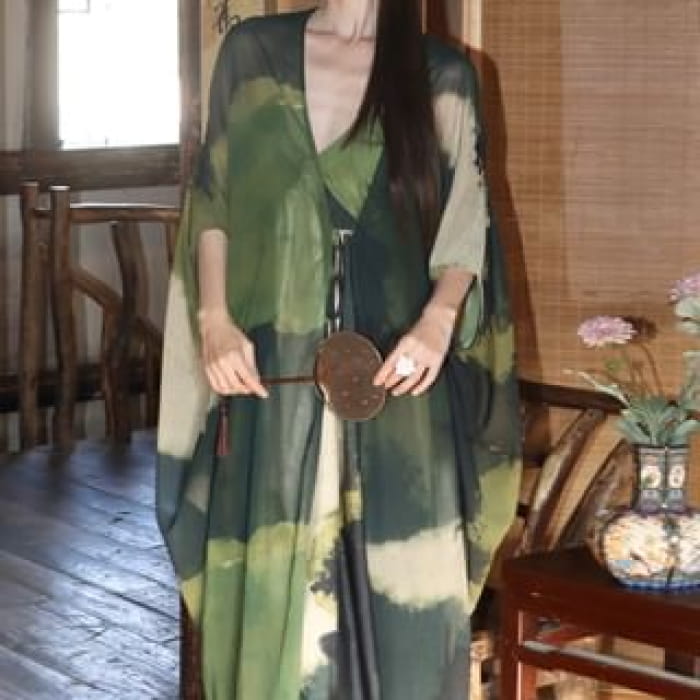 Spaghetti Strap Tie Dye Maxi - Jacket - Green / S