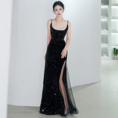 Spaghetti Strap Two Tone Sequin Slit Panel Mesh A-Line