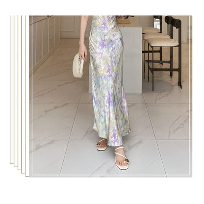 Spaghetti Strap V-Neck Floral Print Maxi Mermaid Dress