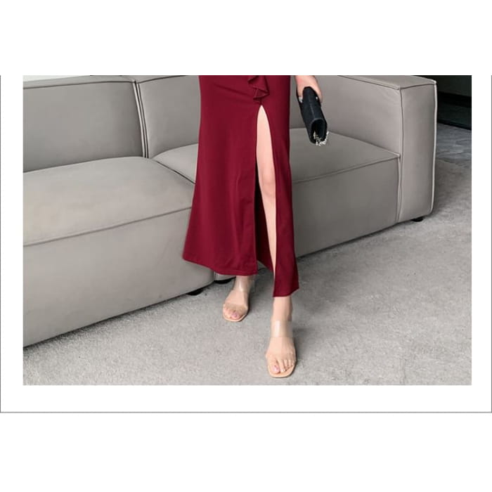 Spaghetti Strap V-Neck Plain Slit Maxi Sheath Dress