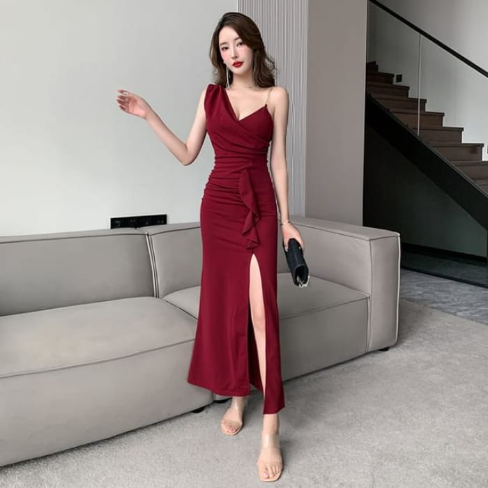 Spaghetti Strap V-Neck Plain Slit Maxi Sheath Dress - Red