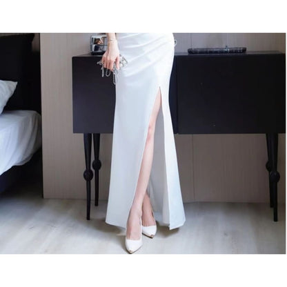 Spaghetti Strap V-Neck Plain Slit Mermaid Evening Gown