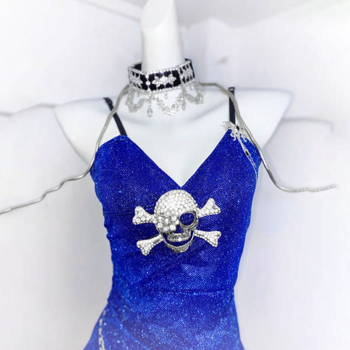 Sparkles Skull Decor Mermaid Fishtail Slip Blue Dress