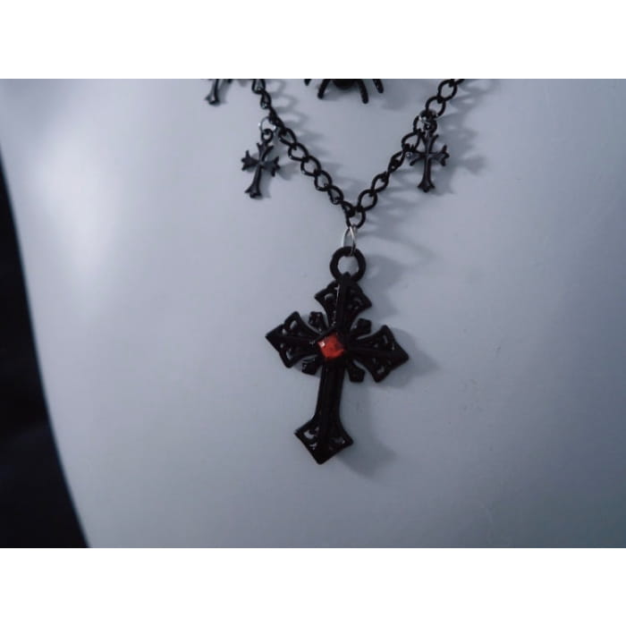 Spider Cross Pendant Black Triple Layered Necklace - Free