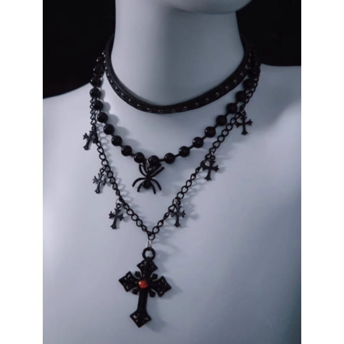 Spider Cross Pendant Black Triple Layered Necklace - Free