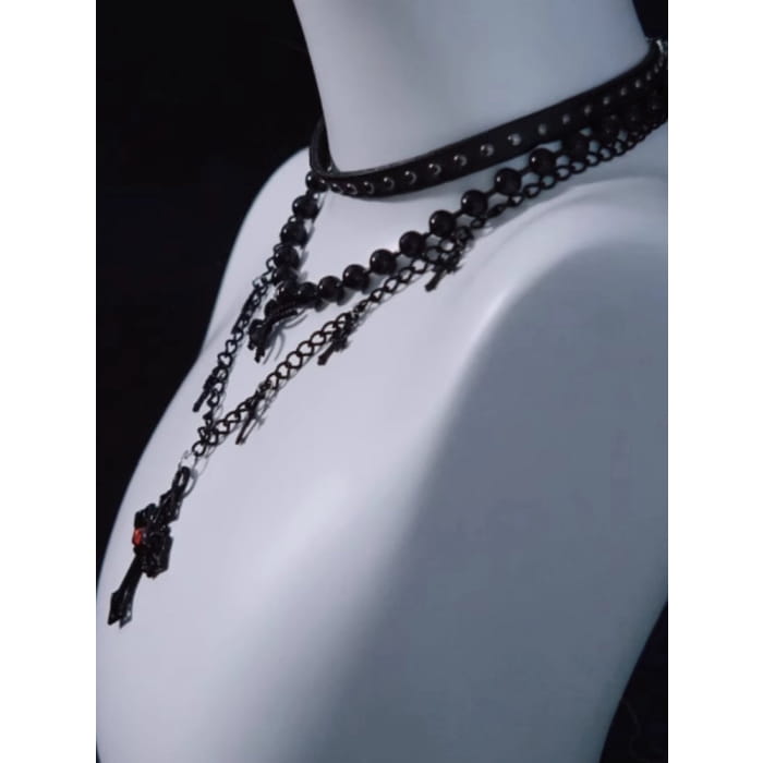 Spider Cross Pendant Black Triple Layered Necklace - Free