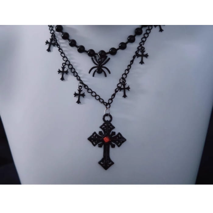 Spider Cross Pendant Black Triple Layered Necklace - Free