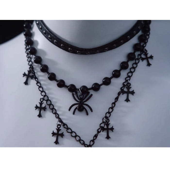 Spider Cross Pendant Black Triple Layered Necklace - Free