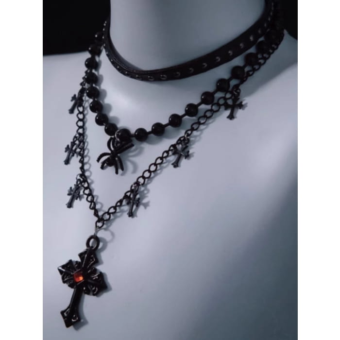 Spider Cross Pendant Black Triple Layered Necklace - Free