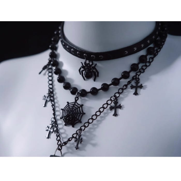 Spider Web Cross Pendant Black Triple Layered Necklace