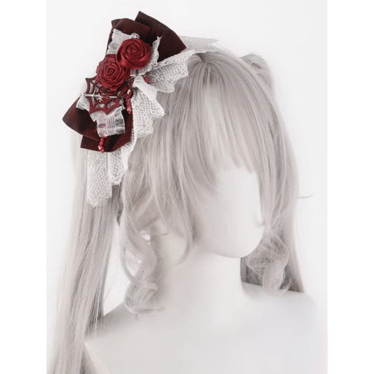 Spider Web White and Red Rosettes Big Bow Hairclip - &