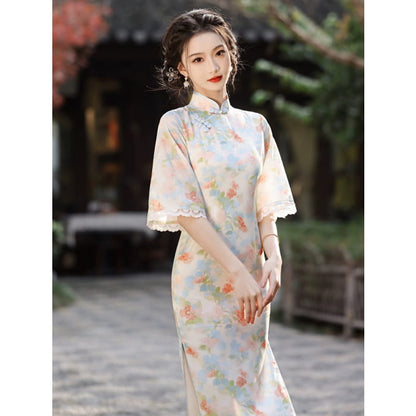 Spring Floral Wide Sleeve Long Cheongsam - Female Hanfu