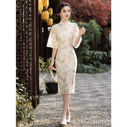 Spring Floral Wide Sleeve Long Cheongsam - S - Female Hanfu