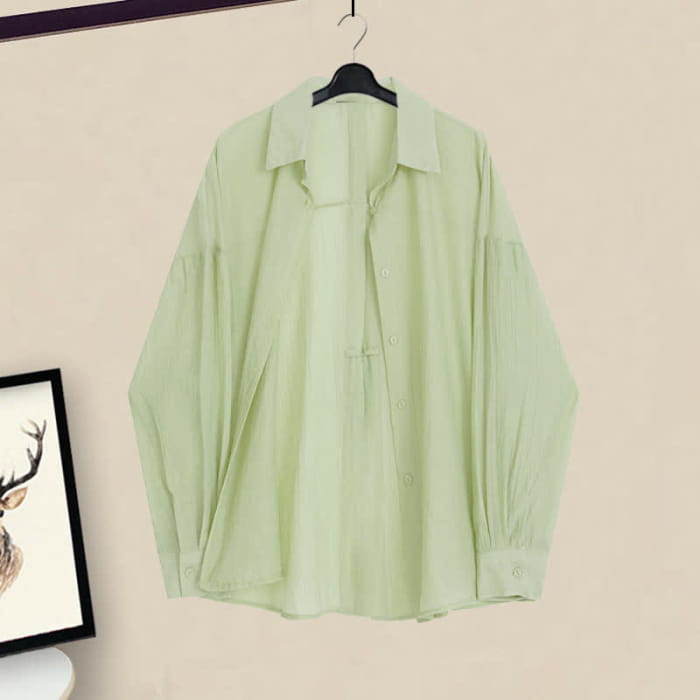 Spring Green Loose Lapel Shirt Vintage Print Slip Dress modakawa