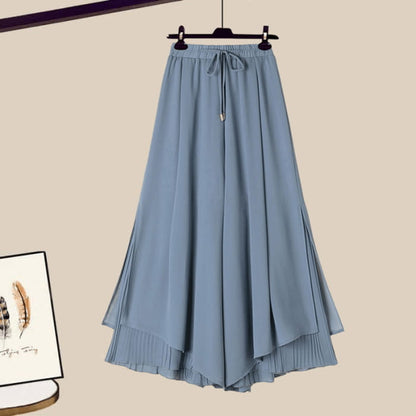 Sqaure Collar Puff T-Shirt Split Pantskirt - Blue Pants / M