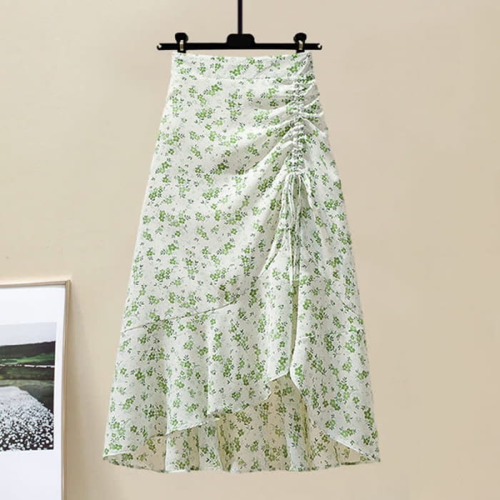 Sqaure Collar Pure Color T-Shirt Floral Print Skirt Set