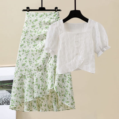 Sqaure Collar Pure Color T-Shirt Floral Print Skirt Set - B