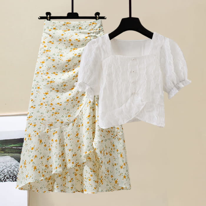 Sqaure Collar Pure Color T-Shirt Floral Print Skirt Set - D