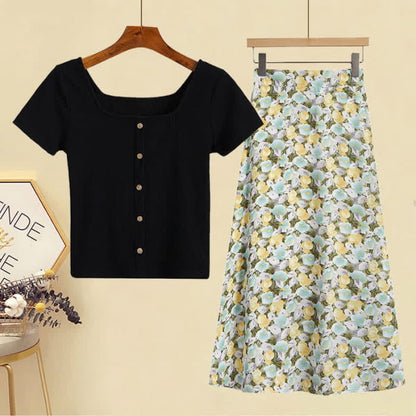 Sqaure Collar Pure Color T-Shirt Floral Print Skirt Set