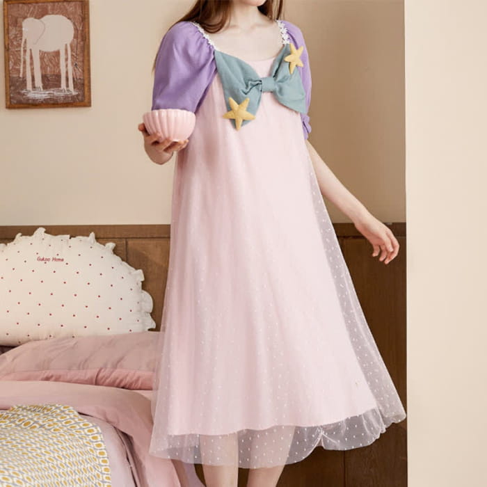 Square Collar Bowknot Mesh Mermaid Nightgown Pajamas Set