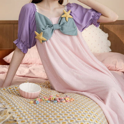 Square Collar Bowknot Mesh Mermaid Nightgown Pajamas Set