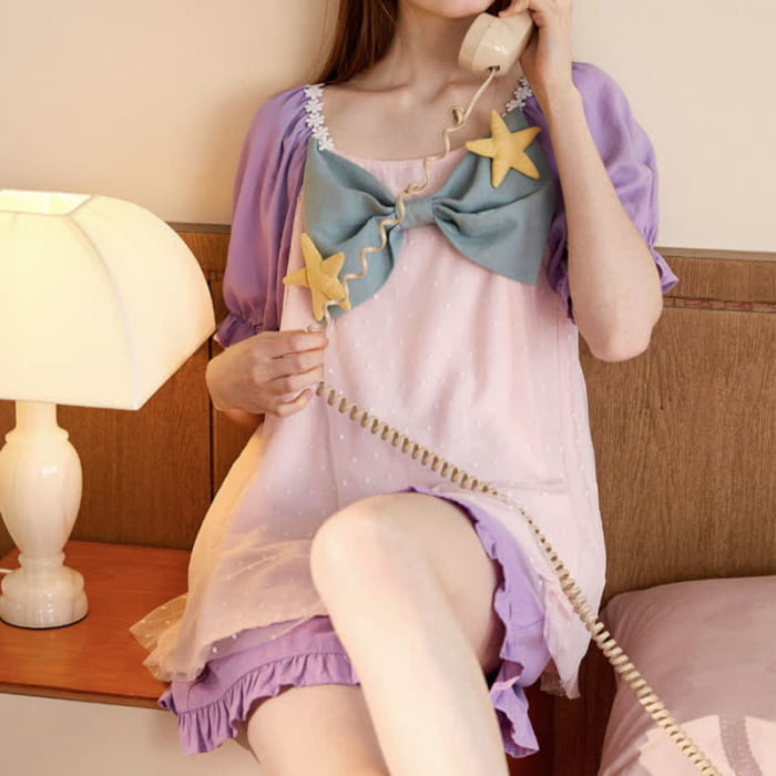 Square Collar Bowknot Mesh Mermaid Nightgown Pajamas Set