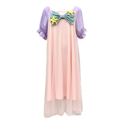 Square Collar Bowknot Mesh Mermaid Nightgown Pajamas Set - S