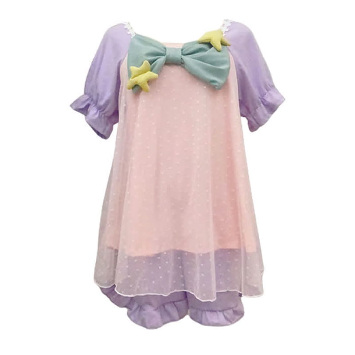 Square Collar Bowknot Mesh Mermaid Nightgown Pajamas Set - S