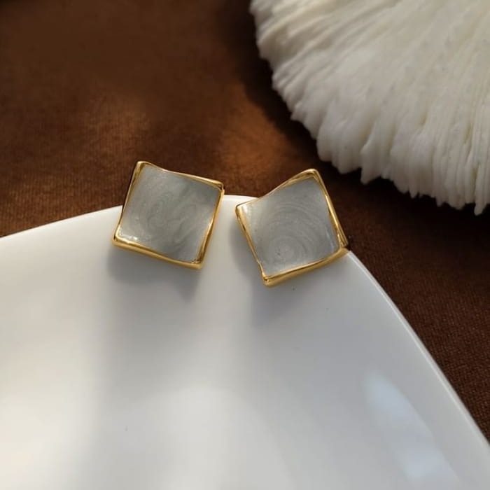 Square Glaze Alloy Stud Earring - 1 Pair - S925 Silver