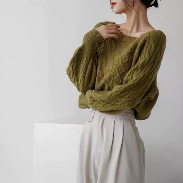 Square-Neck Cable-Knit Loose Sweater in 13 Colors