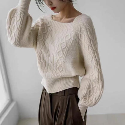 Square-Neck Cable-Knit Loose Sweater in 13 Colors