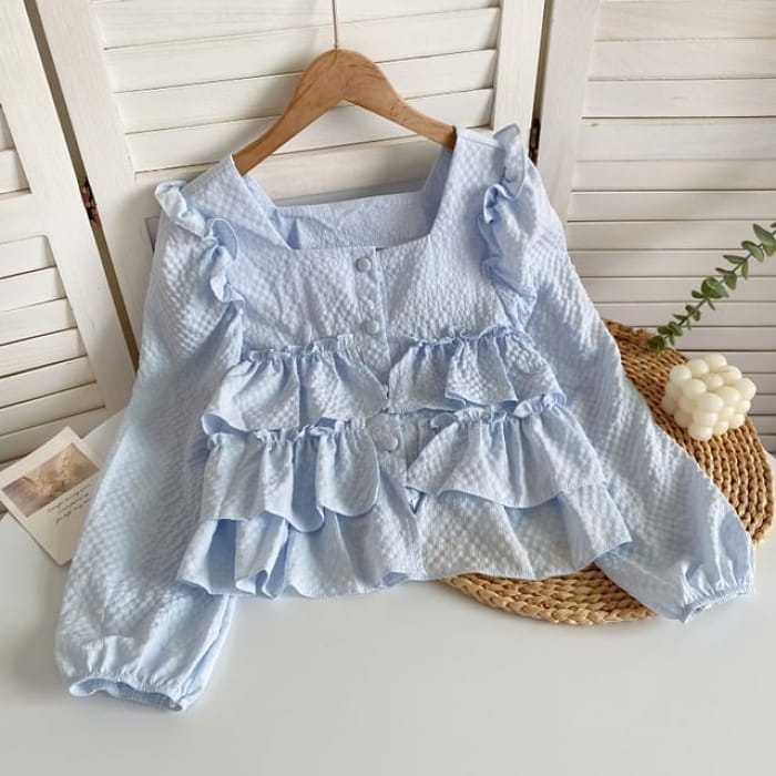 Square Neck Plain Ruffle Trim Blouse - Light Blue / One Size